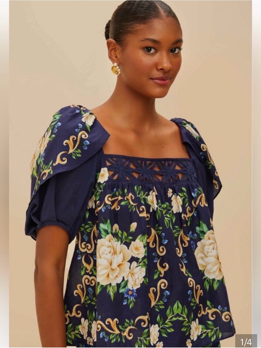 Farm Rio Blue Flower Tapestry Yoke Blouse